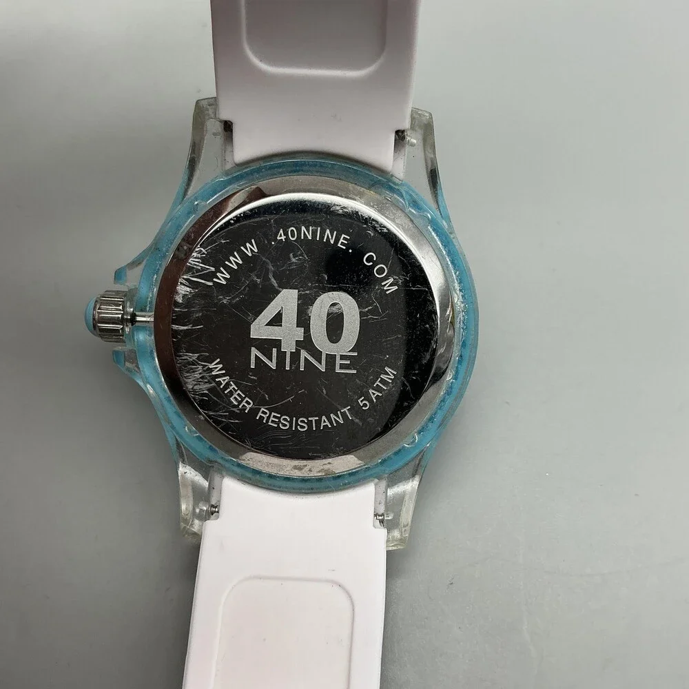 40nine Mens Watch 40mm White Dial Blue Bezel Silicone Date New Battery